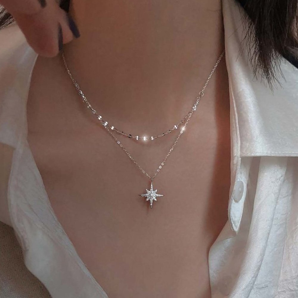 925 Silver Double  Necklace Topaz Star Pendant - Very Dainty